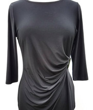 Exotic Black Solid Draped 3/4 Sleeve Top w/ Pewter Bar Accent by Picadilly - $42.90