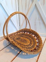 Vintage Wicker Woven Flower Herb Gathering Basket Beaded Philippines Brown Tones - £30.82 GBP