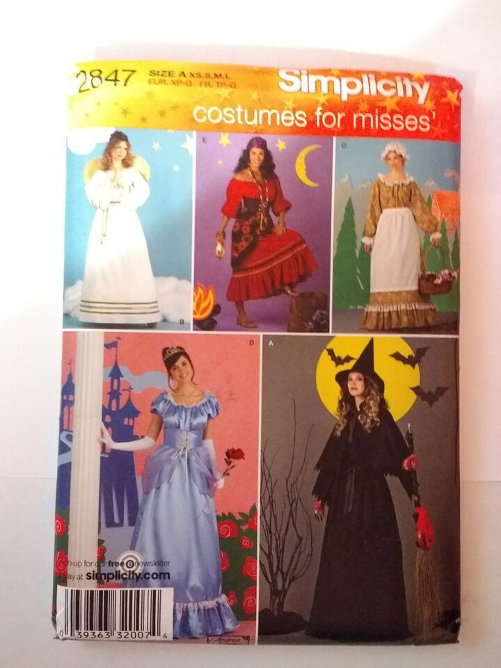 Simplicity 2847 Size XS-L Misses' Costumes Witch Gypsy Angel Colonial Princess - $12.86