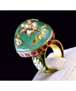 Vintage Natural Emerald Cabochon Diamond 22K Gold Jadau Designer Cocktai... - $162,508.67 MXN