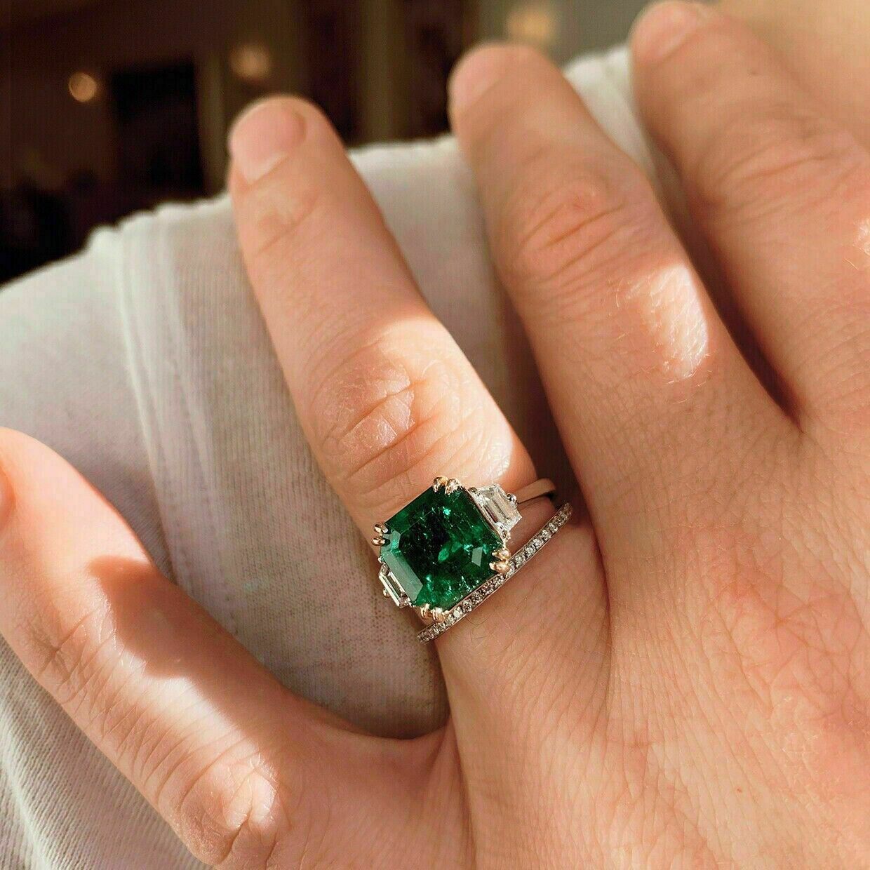 3CT Asscher Cut CZ Green Emerald Engagement Ring 14K Two Tone Gold Plated-Silver Item image 2