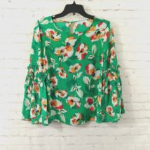 Rose Olive Blouse Womens Small Green Floral Long Bell Sleeve Scoop Neck ... - $12.99