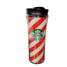 Starbucks Red &amp; White Striped Christmas Travel Mug Cup Tumbler 16oz Plastic 2018 - £9.33 GBP
