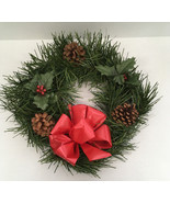 Vintage round artificial green  pine wreath mistletoe pine cones red ribbon - $30.48 CAD