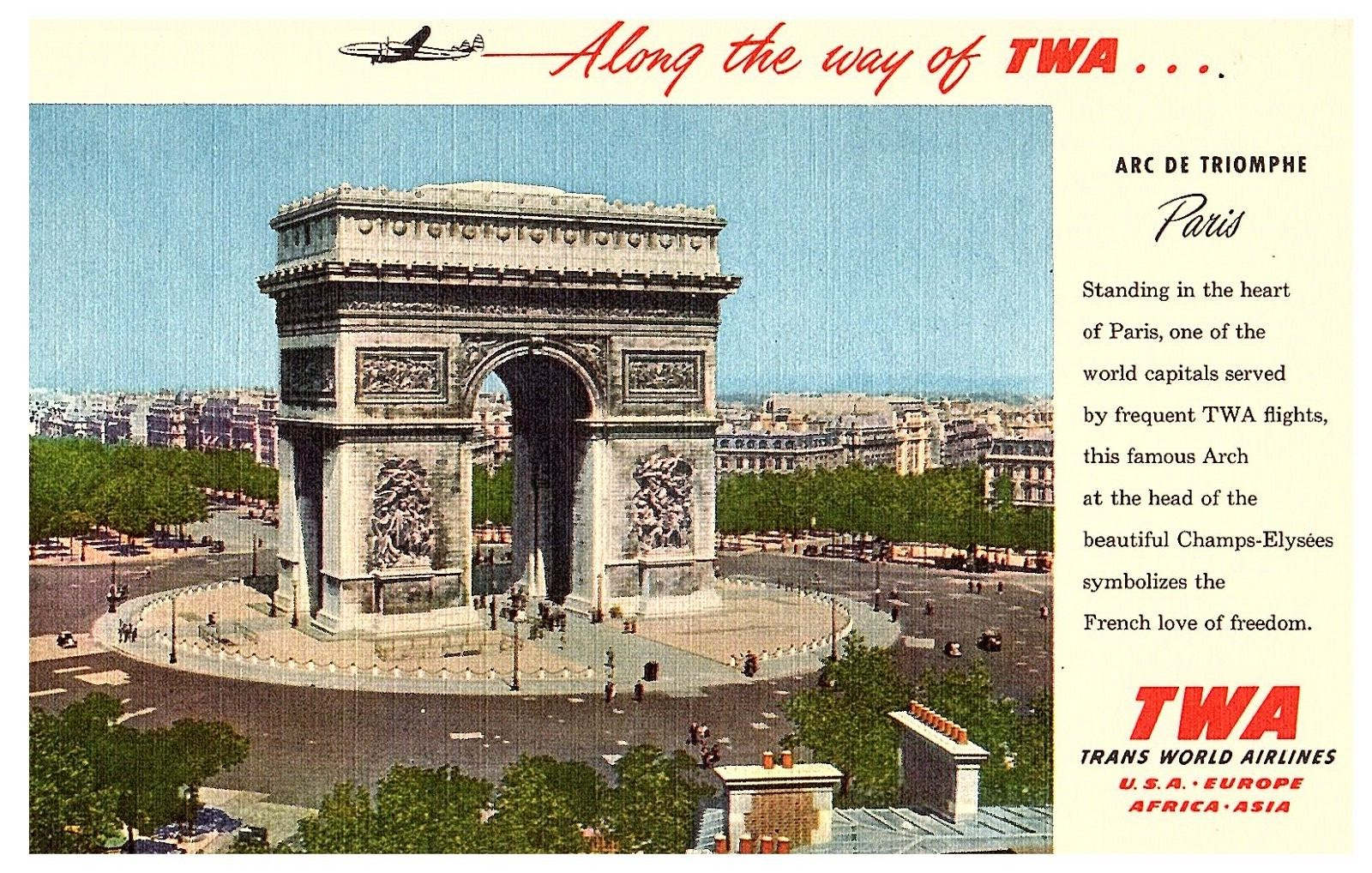 Vintage TWA Along The Way Of TWA Parais Arc de Triomphe Postcard - $9.85