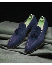 Luxury Men Navy Blue Color Loafer Suede Leather Handmade Dress Moccasin Shoes - £124.31 GBP