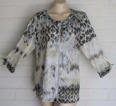 Chico&#39;s Zenergy 2 L 12 Gray Tan White Animal Paisley Print Zip Front Jacket - $16.83