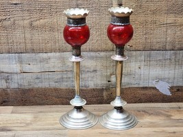 Italy Candlestick Holder Pair - Metal &amp; Glass Italian Art - Read Description - £22.00 GBP