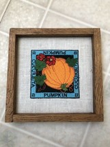 Machine Embroidered Pumpkin Picture On Linen With Wood Frame 6 X 6 - $24.73