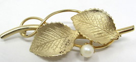 Gold Leaves Pin 2&quot; Brooch Pearl Brushed Metal Fashion Jewelry US Seller ... - $12.86