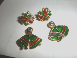 Holiday Christmas Bell Bow Tricolor Glossy Enamel Wear 2 Ways Stud Earri... - £8.62 GBP