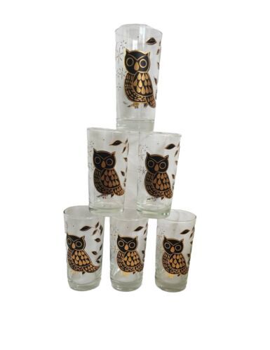 Primary image for Vintage Bartlett Glass Co. Pokee 22K Gold and Black Owl Highball Glasses X 6