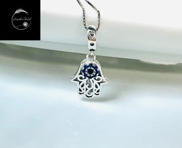 Sterling Silver 925 Fatima Lucky Hamsa Palm Hand Pendant And Necklace With CZ  - £23.54 GBP