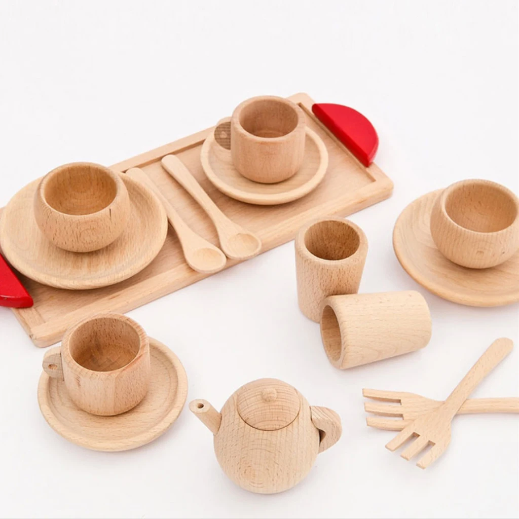 Play 1Set Wooden Tableware Tools Tea Pot Tea Cup Teatime Party Play Toy Dollhous - £32.87 GBP