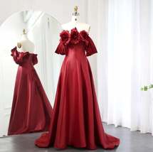 Burgundy Satin Oversized Bold Floral A-Line Mother Of The Bride Event Dress - £667.75 GBP