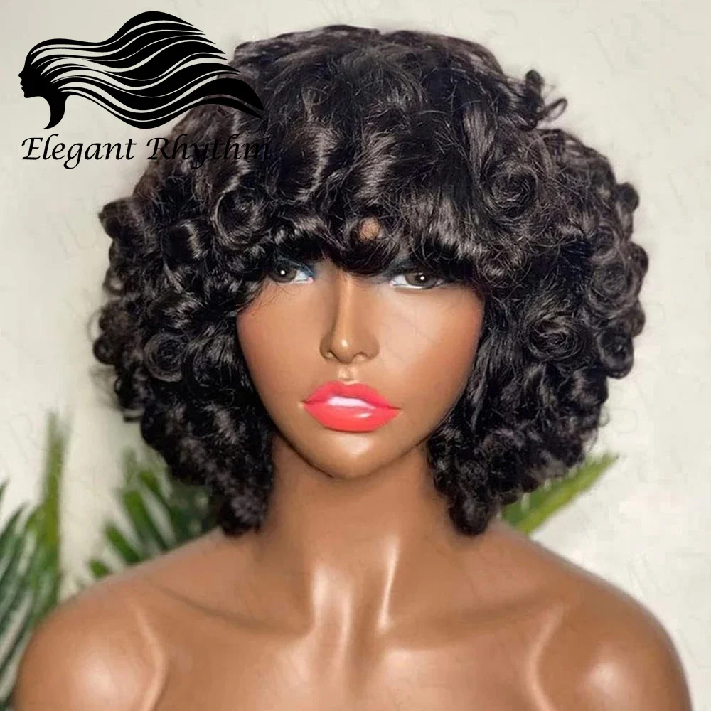 Rose Curly Short Bob Wigs With Bangs Natural Black Fringe Indian Remy Funmi - $62.07+