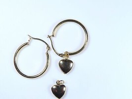 14K Yellow Gold Hoop Puffed Heart Dangle Earrings - £87.32 GBP