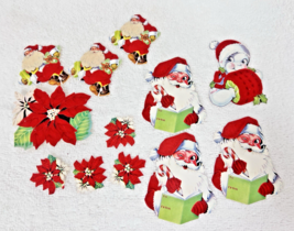 12 Vintage Christmas Flocked Gift Tags &amp; Gummed Seals Santa Gifts Poinse... - $14.36