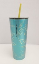 Starbucks 2022 Spring Teal Floral Stainless Steel Cold Cup Tumbler W/lid 24 Oz. - £19.35 GBP