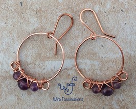 Handmade amethyst hoop earrings: criss cross copper wire wrapped - £23.43 GBP