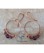 Handmade amethyst hoop earrings: criss cross copper wire wrapped - £23.59 GBP