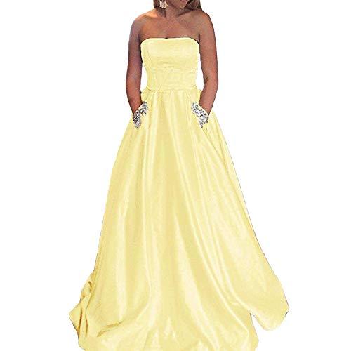 Kivary Plus Size Beaded Pockets Satin Long Formal Prom Dress Evening Gown Yellow
