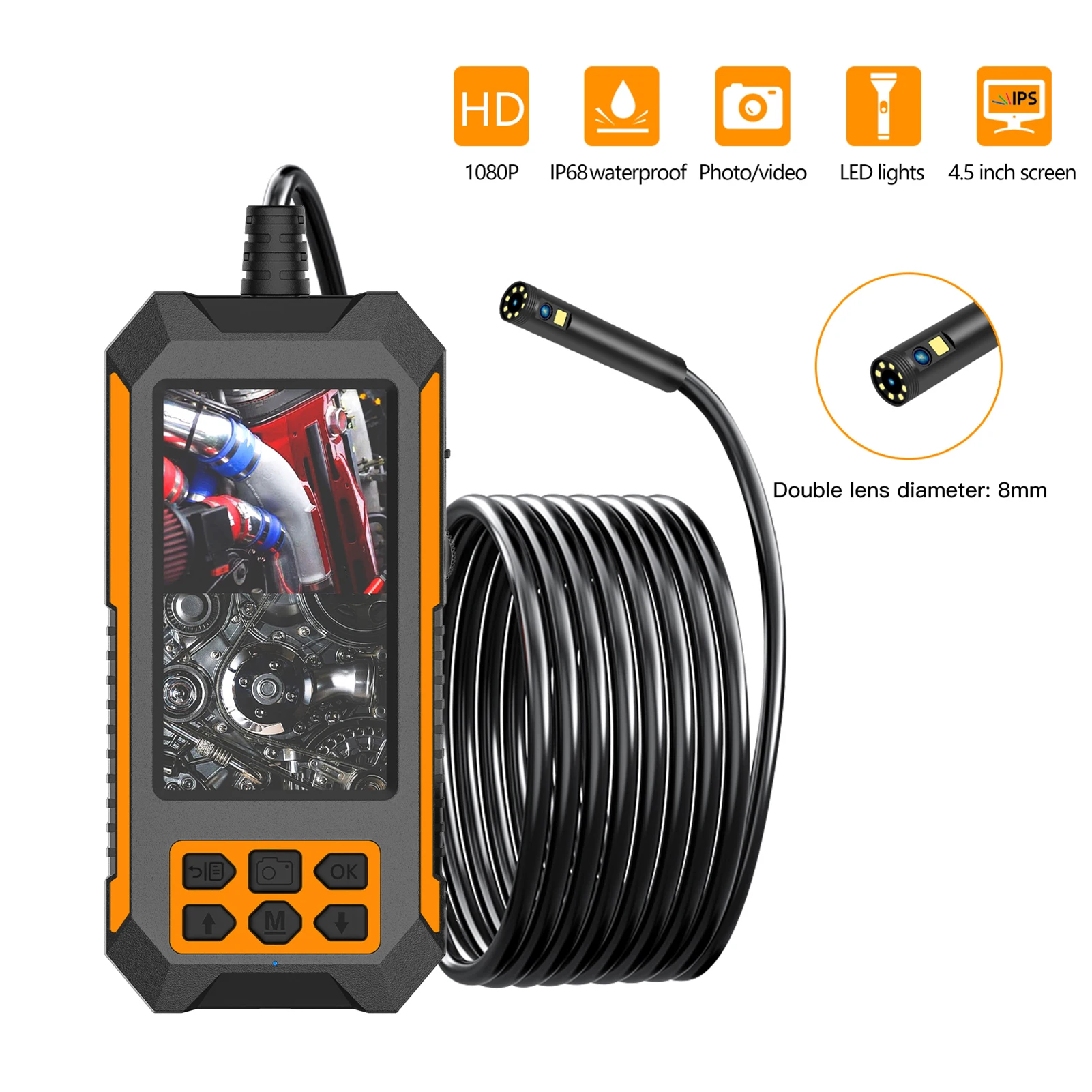 1080P Industrial Endoscope Camera 4.5&#39;&#39; Display IPS Inspection Camera Pipe Sewer - £117.94 GBP