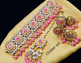 Indian Bollywood Gold Plated Kundan Necklace Earrings Tikka Pink Jewelry Set - £29.13 GBP