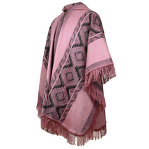 Lightweight Baby Alpaca Wool Hooded Poncho Fringe Unisex Dusty Rose &amp; Charcoal - £62.60 GBP