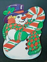 Vintage Flocked &quot;Snowman and Candy Cane &quot; Double sided Wall Haning 14  x 10 &quot; - £13.43 GBP