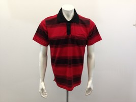 Urban Depot Polyester Polo Shirt Men&#39;s Large Red Black Striped Short Sleeve - $10.40