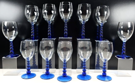 12 Libbey Metropolis Blue Water Goblets Set Ball Knob Stems Art Deco Sty... - £132.05 GBP