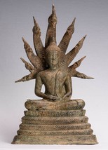 Antico Thai Stile Seduta Bronzo Naga Meditazione Buddha - - £823.63 GBP