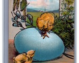 A Happy Easter Chicks Exaggerated Blue Egg Embossed UNP  Postcard w Mica... - $3.91