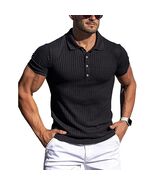 Summer Polo Men Solid Stripe Fitness Elasticity Short Sleeve Polo Shirt ... - $14.87
