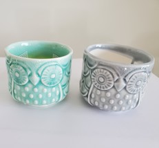 PORCELAIN POTS Set of 2 Owl Planters Sea Green Grey 2.6&quot; Ceramic Ice Cra... - £11.84 GBP