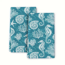 Seahorse Pattern Blue Kitchen Dish Towel Set of 2 Seashells Coral 16 x 24 inch - £14.00 GBP