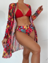Red Tropical Print High Waist Bikini and Kimono Set Beach Vacation Outfit - £23.13 GBP