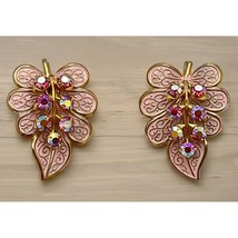 Pink Leaf Earrings Vintage Aurora Bourealis Rhinestones Gold Tone Screw ... - $21.89