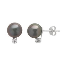 Brand New 14 Karat White Gold 6mm Cultured Black Pearl &amp; Diamond Stud Earrings - £90.60 GBP