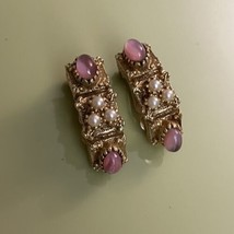 Vintage Faux Pearl Pastel Pink Clip-On Earrings Gold Tone - £6.02 GBP