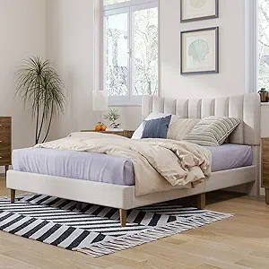 Merax Modern Upholstered Plattform Bed with High Wingback Wood Bed Frame No Box  - £351.94 GBP