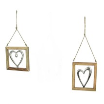Set of 2 Wood Framed Open Work Metal Heart Wall Décor Hangings with Rope Hangers - £19.77 GBP