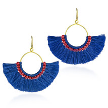 Bohemian Inspired Fan Shaped Blue Tassels on Brass Dangle Earrings - £7.74 GBP