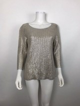 Chicos sweater sz 0 Small Silver on Tan Shiny 3/4 Sleeve Wide Neck Casual Light - £13.55 GBP