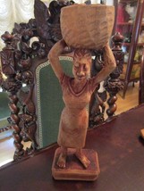 Wood Carving African Woman with Basket 11&quot; Tall Signed Louis Original - $104.85