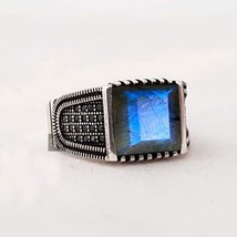 Square Faceted Labradorite Ring Men Solid 925 Silver Men Ring Father&#39;s Day Gifts - £57.25 GBP