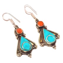 Tibetan Turquoise Coral Handmade Bohemian Jewelry Earrings Nepali 1.80&quot; SA 1655 - £4.78 GBP