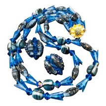 vintage blue glass art and beads necklace and clip on earrings 18” - $74.99