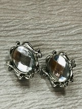 Vintage Large Clear Faceted Oval Rhinestone in Silvertone Frame Clip Earrings – - £8.87 GBP